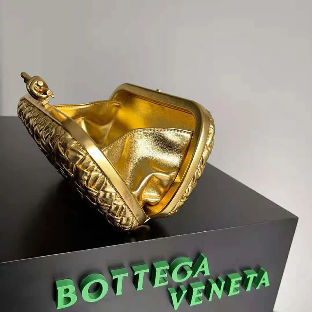 Bottega Veneta Knot Pressed Intreccio Laminated Leather Minaudiere for Women in Gold