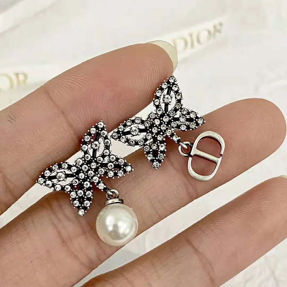 Dior Papillon De Nuit Earrings Antique Silver-Finish Metal with White Resin Pearl for Women