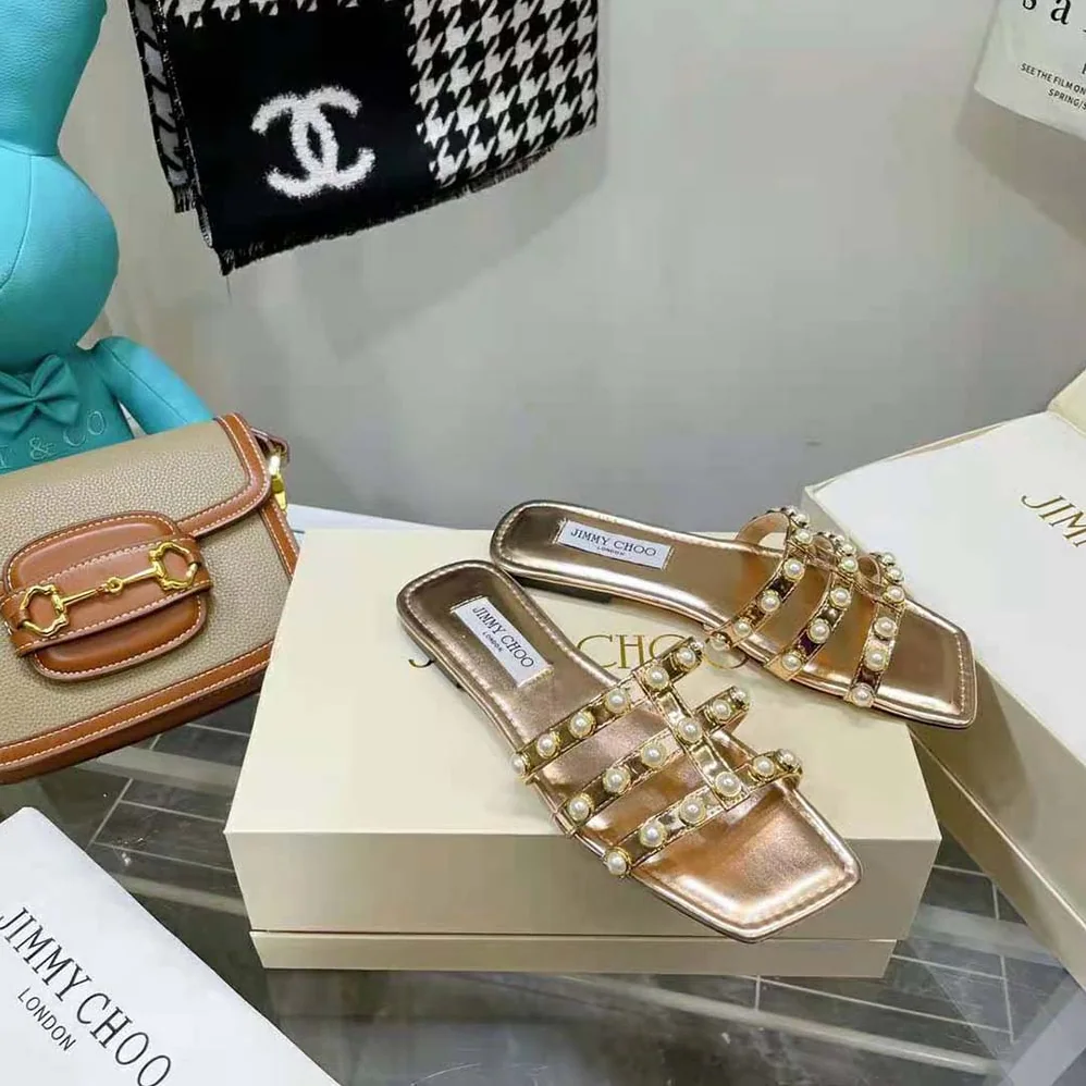 Jimmy Choo Hazal Flat Gold Liquid Metal Leather Flats with Pearl Studs for Women Jimmy Choo Hazal Flat Gold Liquid Metal Leather Flats with Pearl Studs for Women