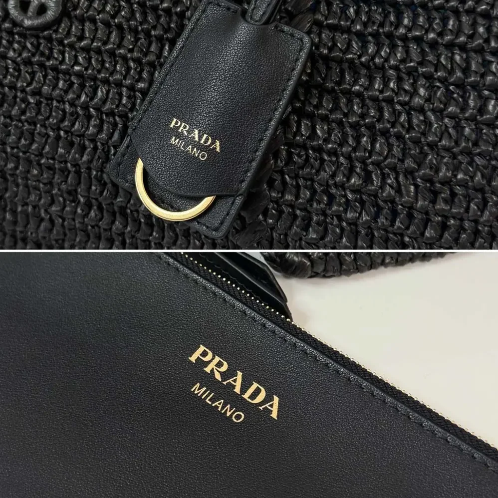 Prada Large Crochet Tote Bag with Leather Details for Women in Black