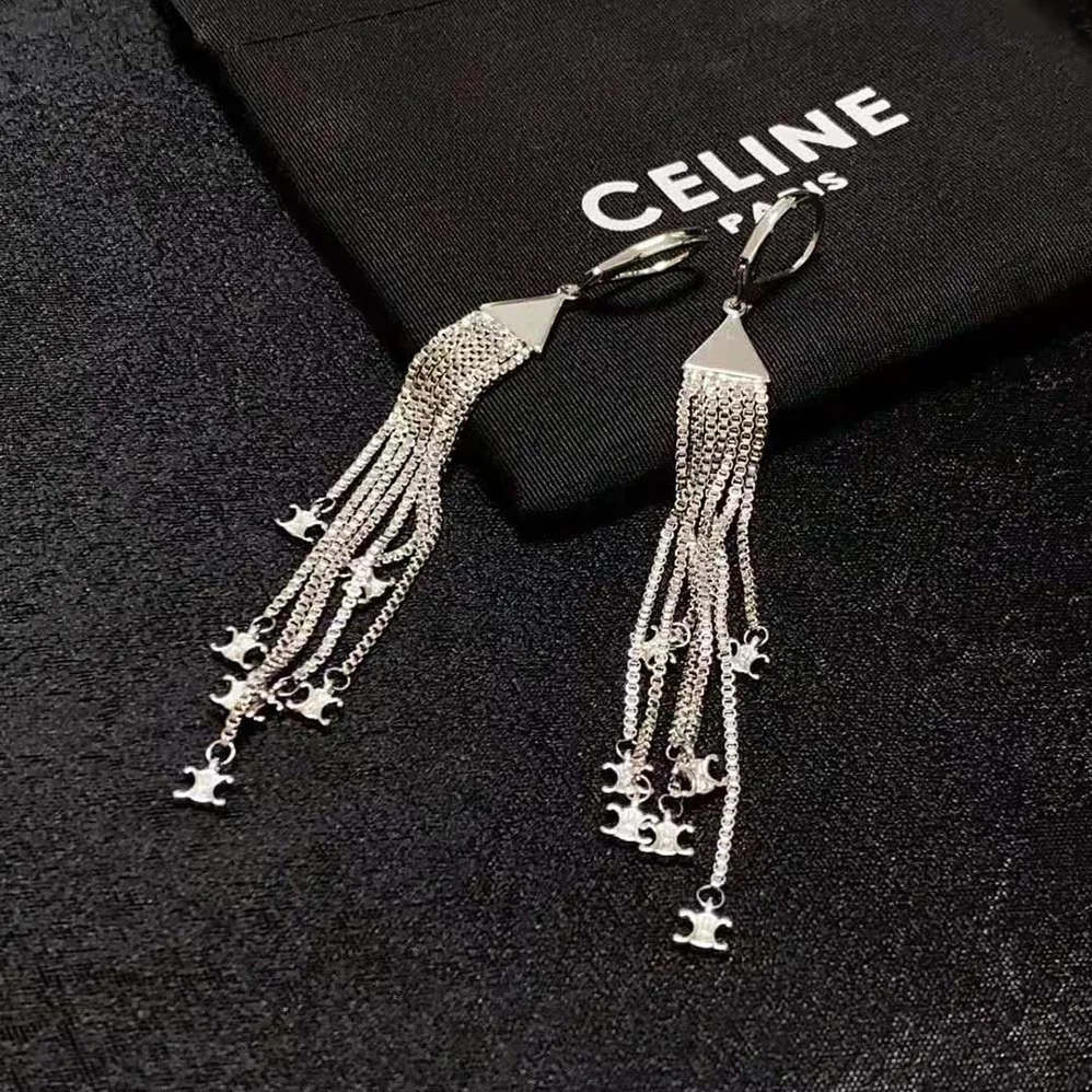 Celine Triomphe Folk Fringe Earrings in Brass with Rhodium Finish for Women Celine Triomphe Folk Fringe Earrings in Brass with Rhodium Finish for Women