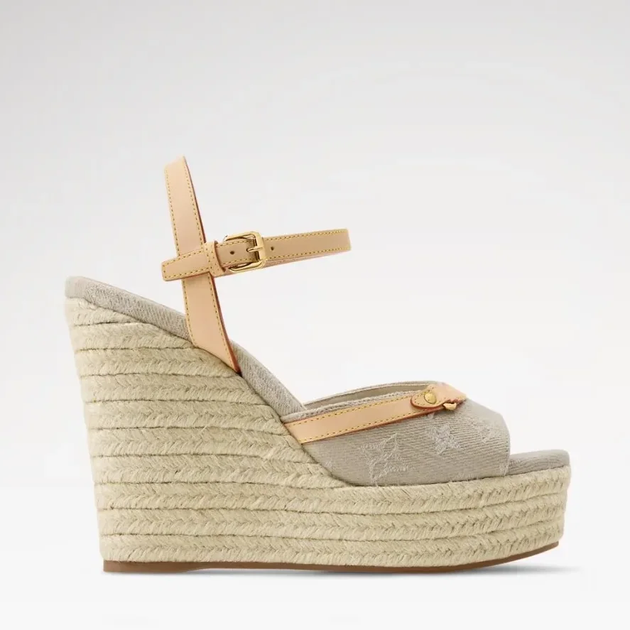 Louis Vuitton Helios Wedge Sandals Greige Denim 1AJKYG Louis Vuitton Helios Wedge Sandals Greige Denim 1AJKYG