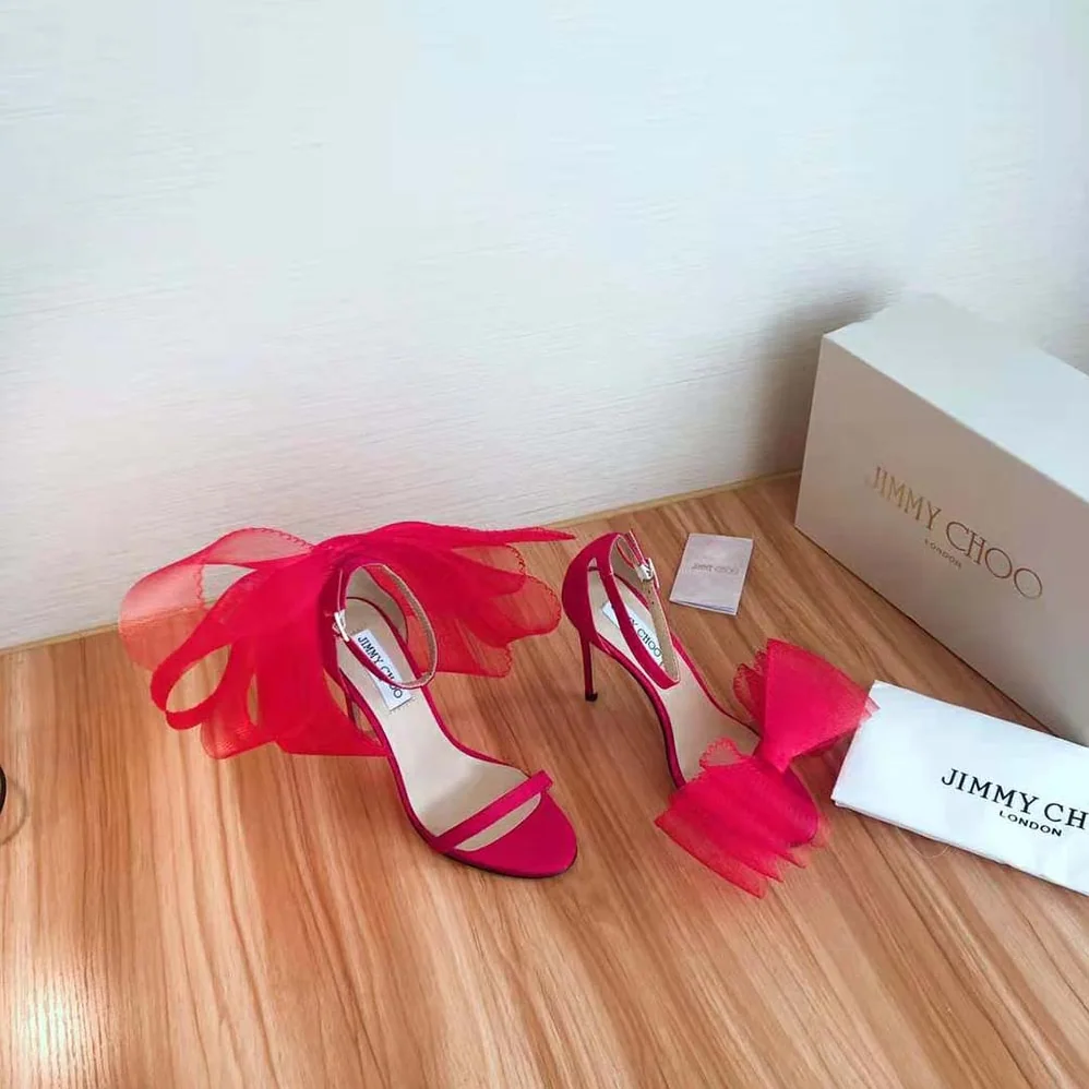 Jimmy Choo Aveline 100 Red Sandals with Asymmetric Grosgrain Mesh Fascinator Bows for Women Jimmy Choo Aveline 100 Red Sandals with Asymmetric Grosgrain Mesh Fascinator Bows for Women