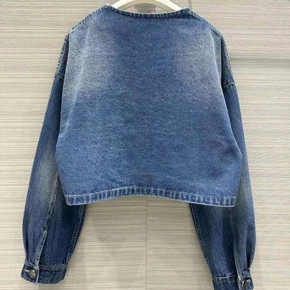 Prada Denim Blouson Jacket with Enameled Metal Triangle Logo for Women