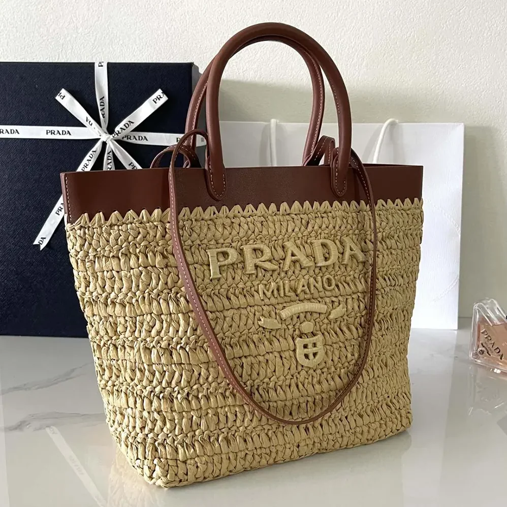 Prada Small Crochet and Leather Tote Bag for Women Prada Small Crochet and Leather Tote Bag for Women
