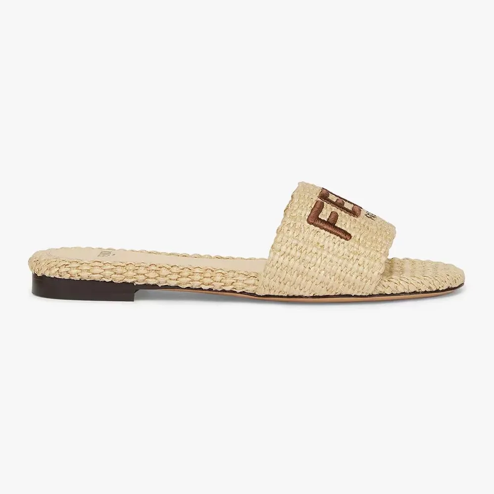 Fendi Signature Beige Cotton Fiber Slides for Women Fendi Signature Beige Cotton Fiber Slides for Women