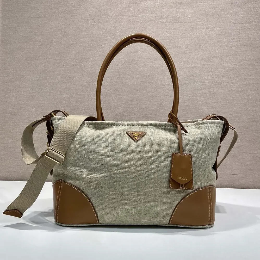 Prada Large Linen And Leather Tote Bag for Women in Rope/Natural Prada Large Linen And Leather Tote Bag for Women in Rope/Natural