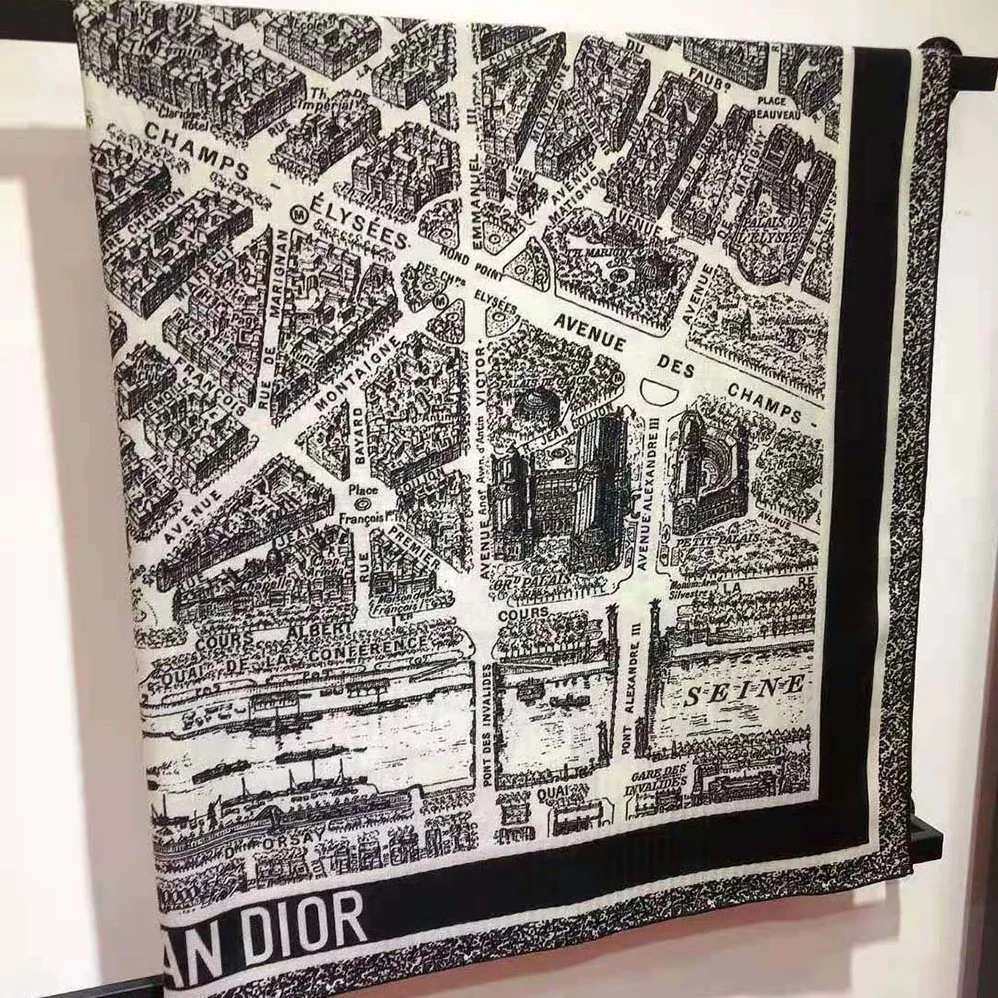 Dior Plan De Paris 90 Square Scarf White and Black Silk Twill for Women