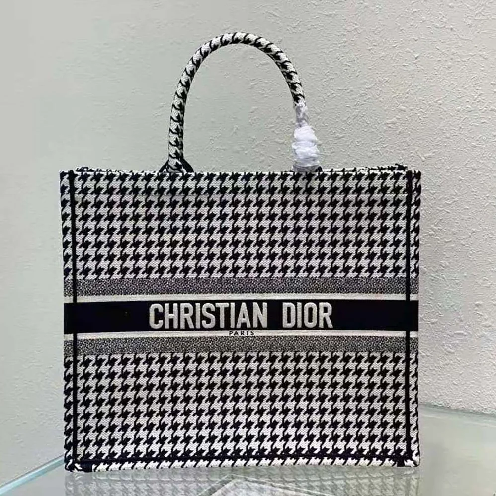 Dior Book Tote Black and White Houndstooth Embroidery for Women