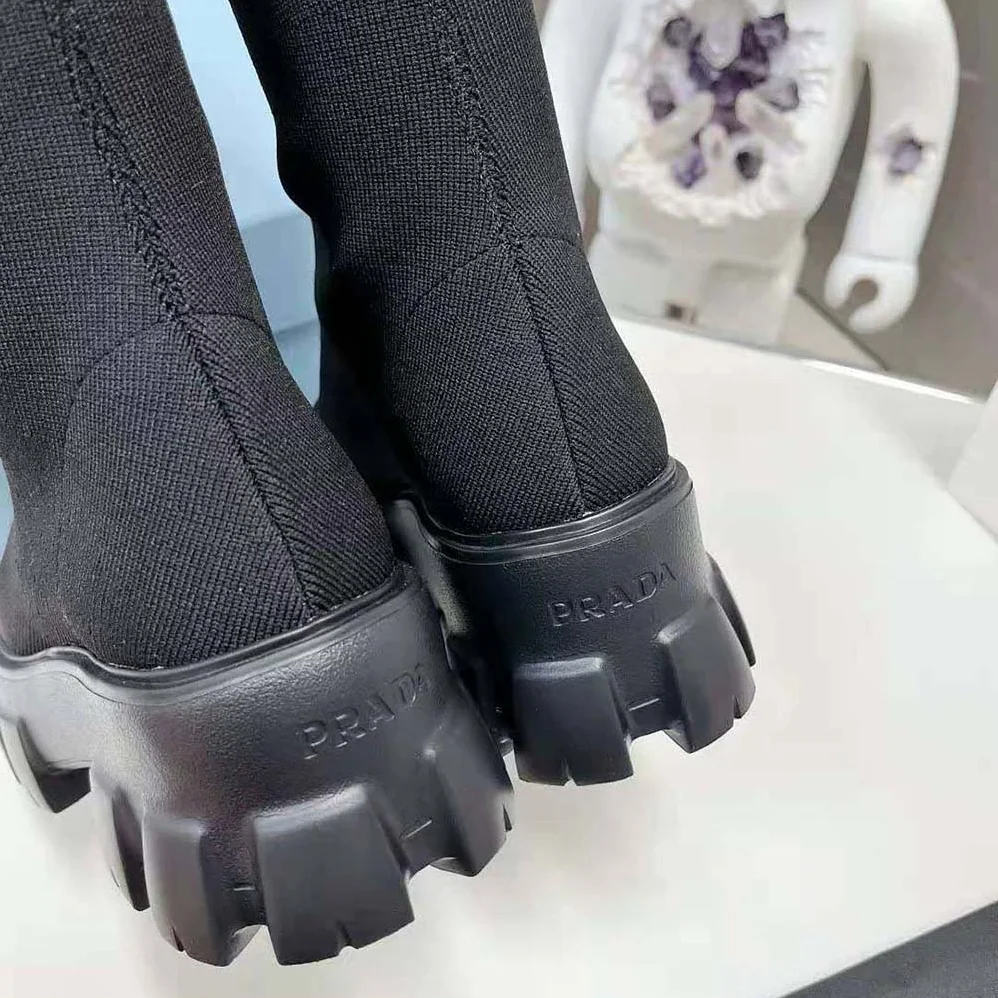 Prada Monolith Knit Boots with Embossed Rubber Triangle Logo for Women Prada Monolith Knit Boots with Embossed Rubber Triangle Logo for Women