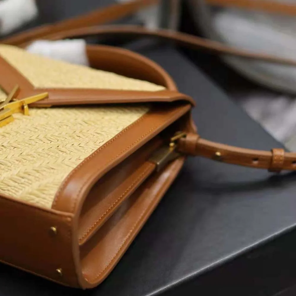 Saint Laurent YSL Cassandra Mini Top Handle Bag in Raffia and Vegetable for Women in tanned Leather Saint Laurent YSL Cassandra Mini Top Handle Bag in Raffia and Vegetable for Women in tanned Leather