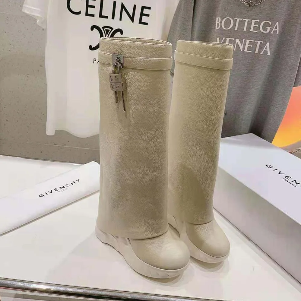 Givenchy Shark Lock Biker Boots in Grained Leather for Women in Beige