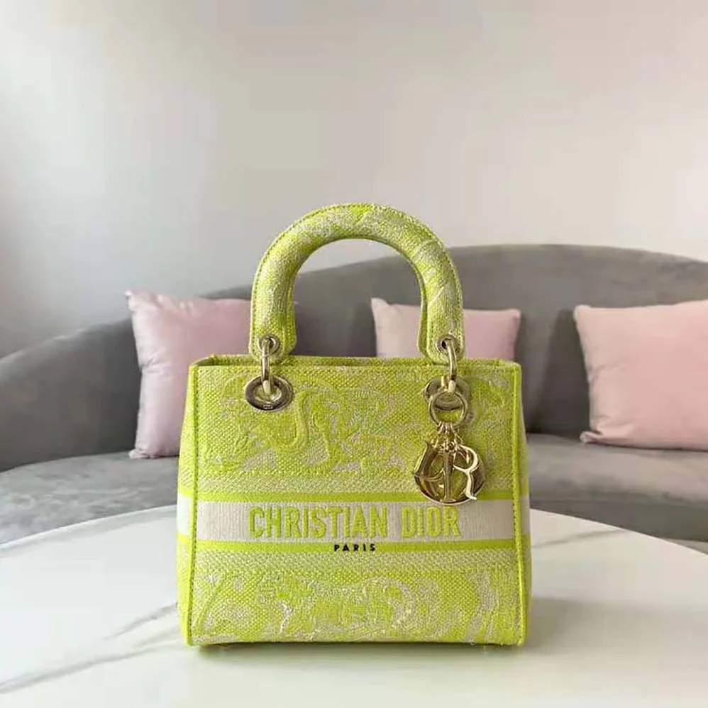 Dior Medium Lady D-lite Bag Lime Toile de Jouy Reverse Embroidery for Women
