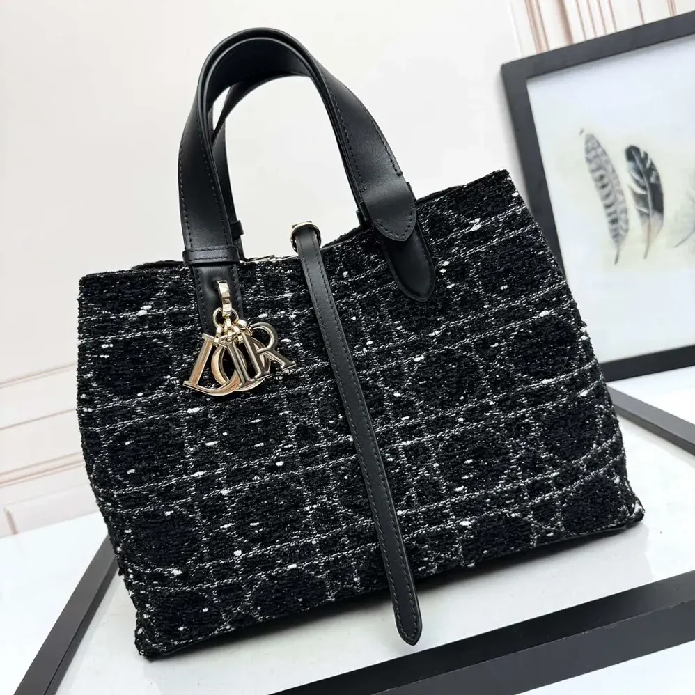 Dior Medium Dior Toujours Bag Black Tweed with White Cannage Motif for Women Dior Medium Dior Toujours Bag Black Tweed with White Cannage Motif for Women