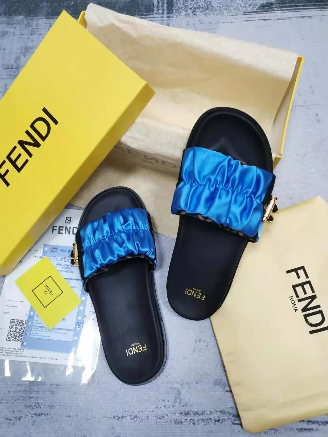 Fendi Feel Blue Satin Slides Fendi Feel Blue Satin Slides