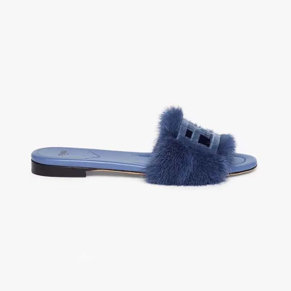 Fendi Baguette Blue Mink Slides for Women Fendi Baguette Blue Mink Slides for Women