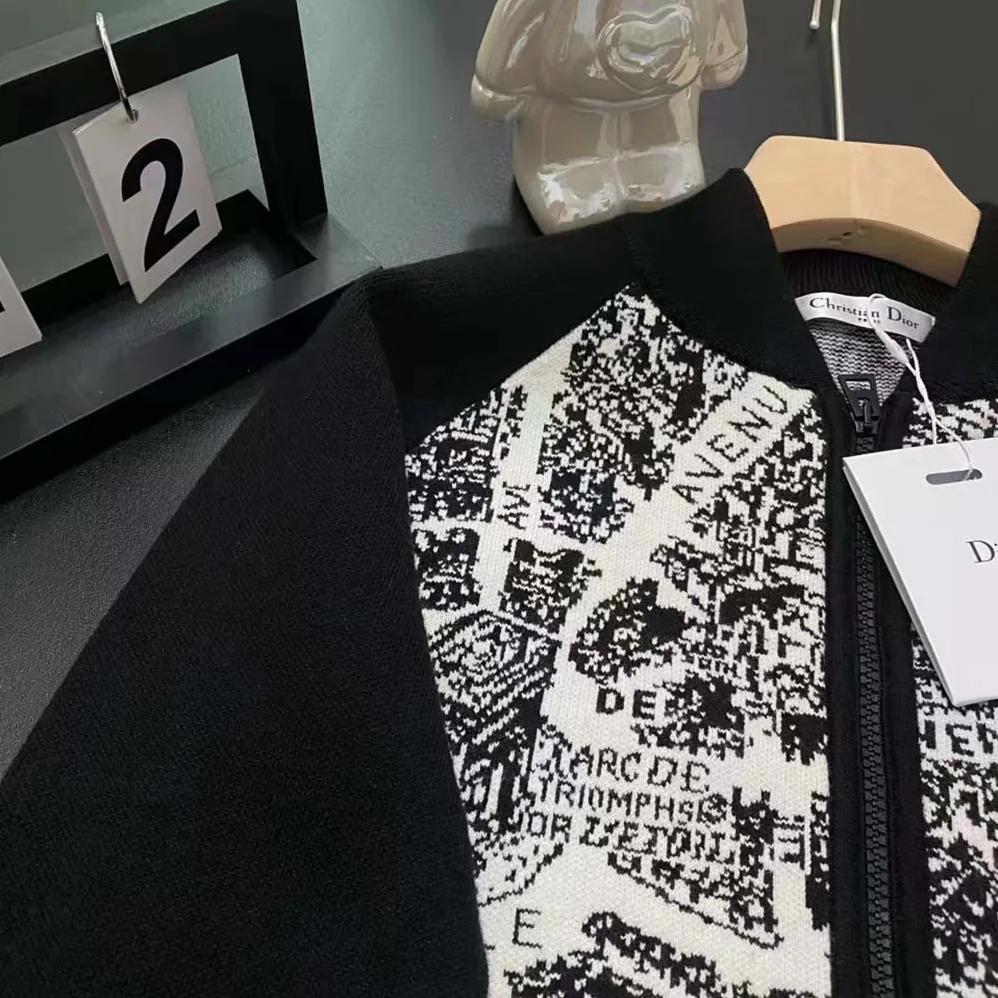 Dior Cropped Bomber Jacket Black and White Technical Taffeta Jacquard with Plan de Paris Motif for Women