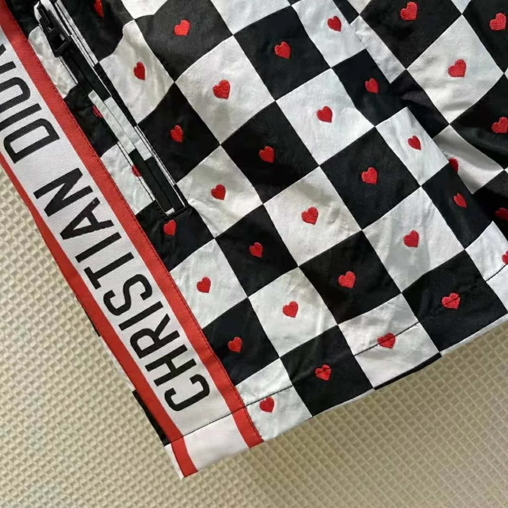 Dior Dioramour Shorts Black White and Red D-Chess Heart Technical Taffeta Jacquard for Women