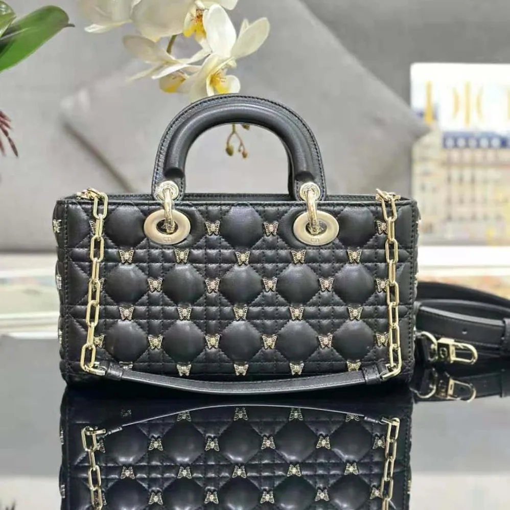 Dior Medium Lady D-joy Bag Black Cannage Lambskin with Gold for Women in Finish Butterfly Studs Dior Medium Lady D-joy Bag Black Cannage Lambskin with Gold for Women in Finish Butterfly Studs