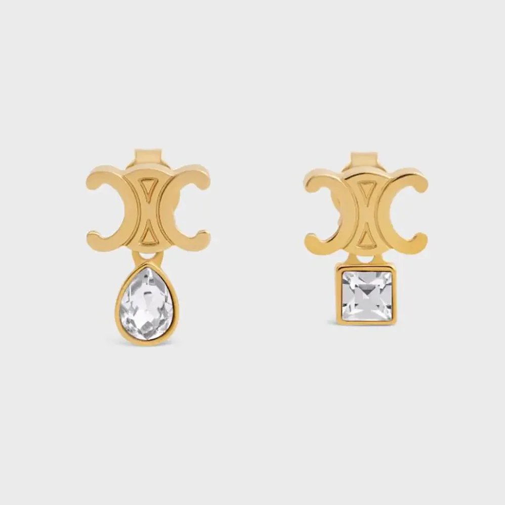 Celine Triomphe Twinkle Earrings in Strass and Brass with Gold Finish for Women