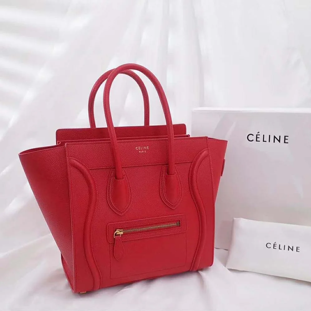 Celine Micro Luggage Handbag in Drummed Calfskin for Women in Red