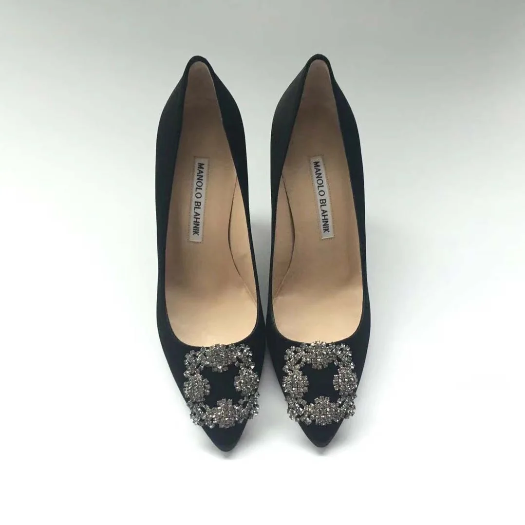 Manolo Blahnik Hangisi 70 Satin Jewel Buckled Pumps Shoes for Women in Black Manolo Blahnik Hangisi 70 Satin Jewel Buckled Pumps Shoes for Women in Black