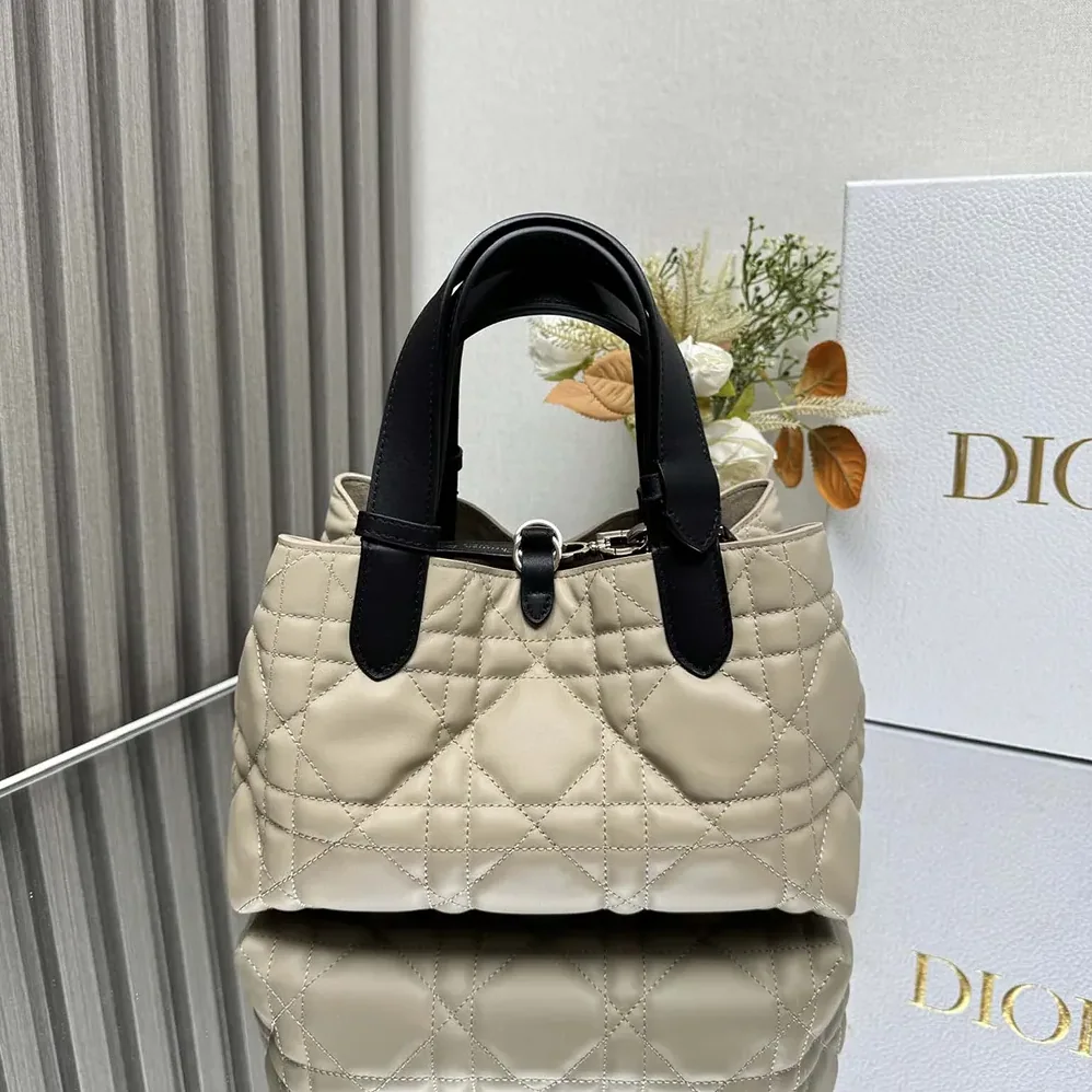 Dior Small Dior Toujours Bag Rope Beige and Black Macrocannage Calfskin for Women