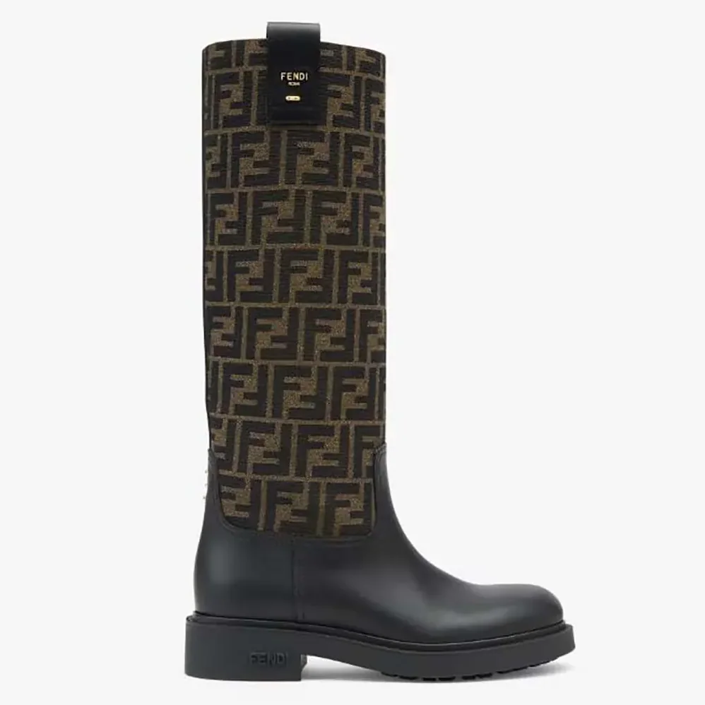 Fendi Filo Black Leather and Brown FF Fabric Boots for Women Fendi Filo Black Leather and Brown FF Fabric Boots for Women