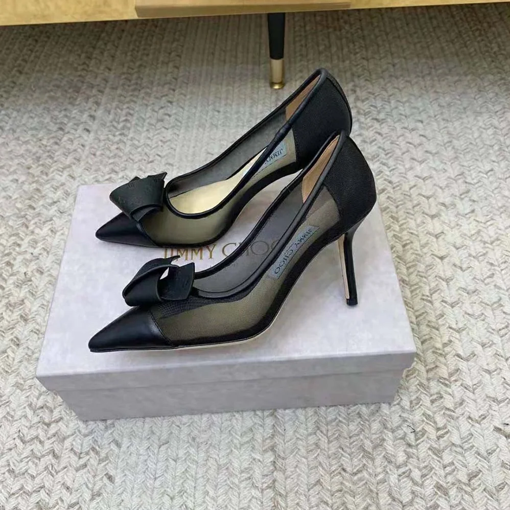 Jimmy Choo Lani 100 Black Mesh Pumps with JC Monogram Leather Bow for Women