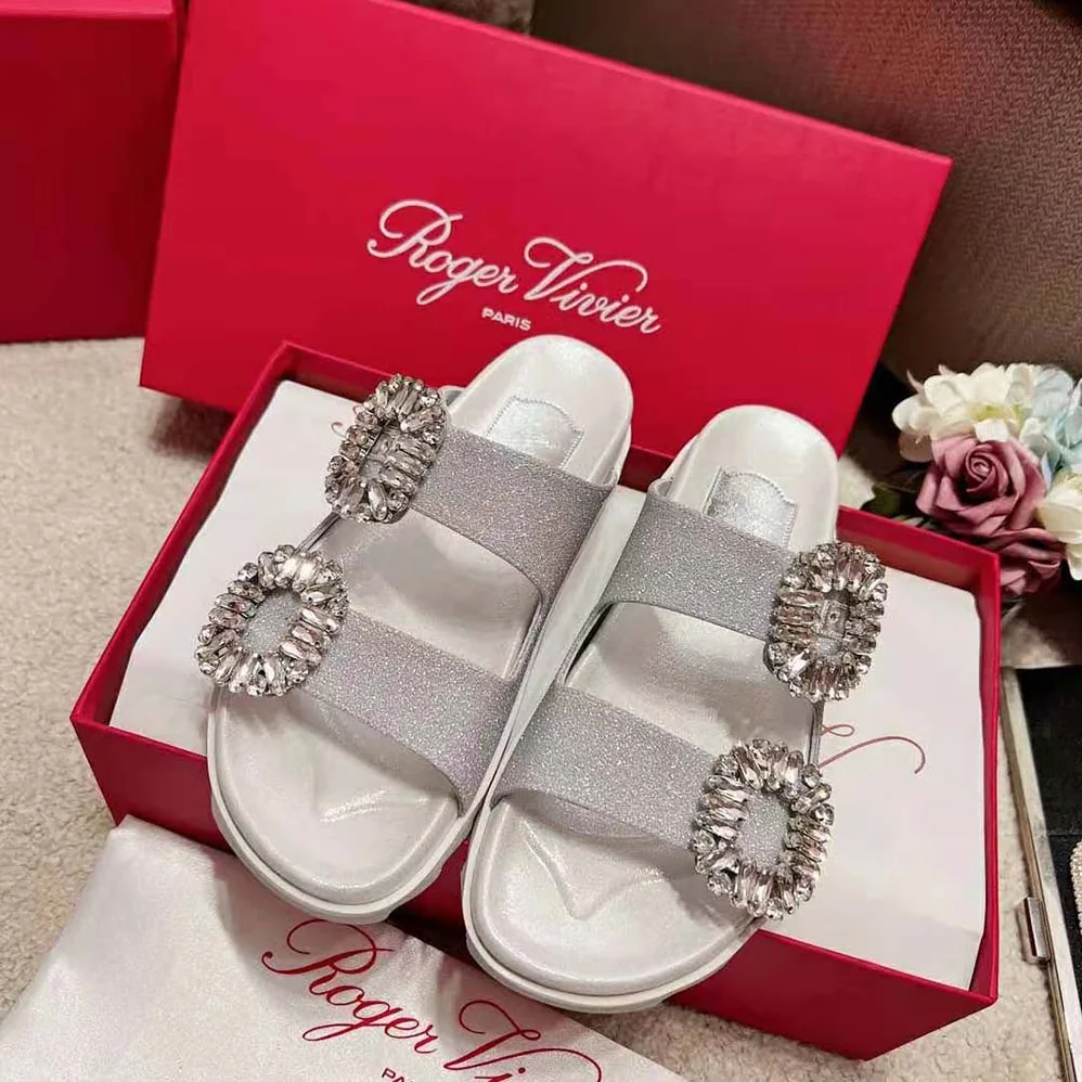 Roger Vivier Slidy Viv Strass Buckle Sandals in Fabric for Women in Gray Roger Vivier Slidy Viv Strass Buckle Sandals in Fabric for Women in Gray