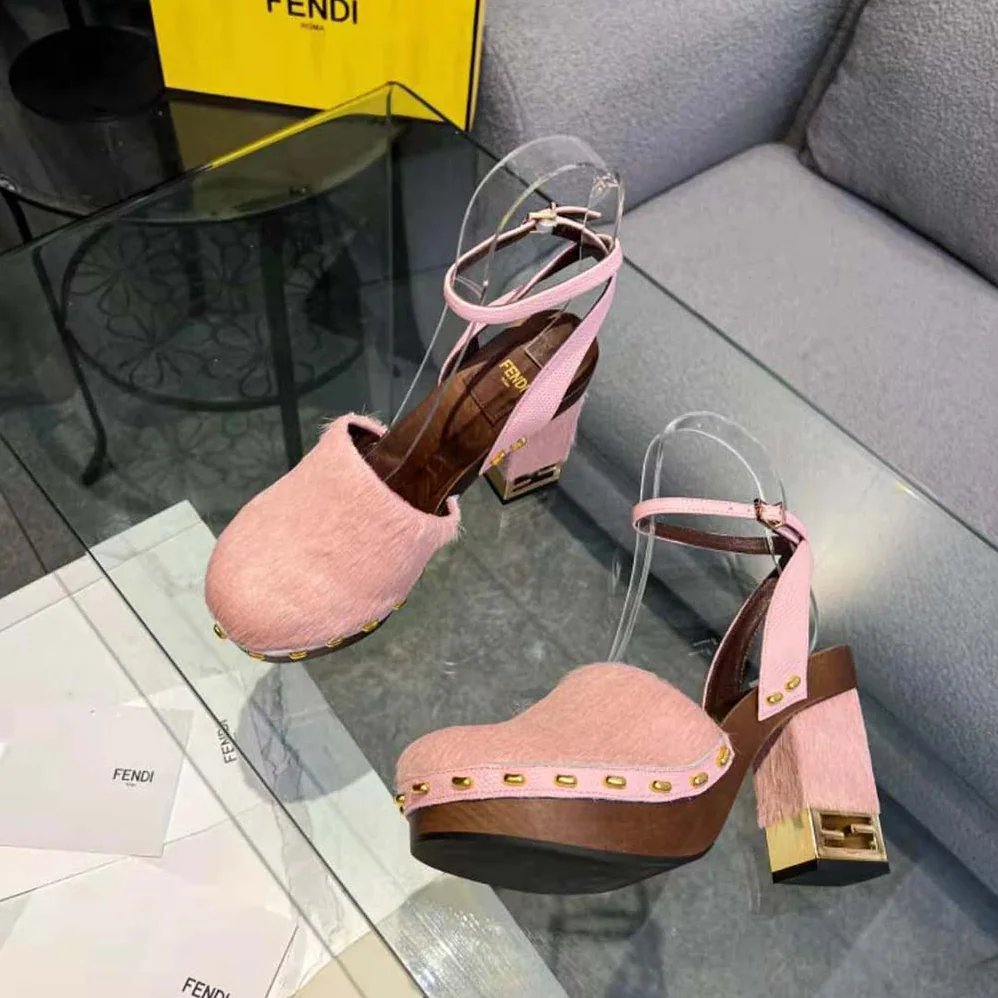 Fendi Baguette Show Pink Pony Hair High for Women in Heeled Clogs Fendi Baguette Show Pink Pony Hair High for Women in Heeled Clogs