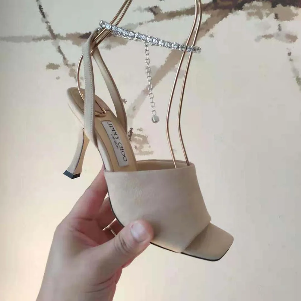 Jimmy Choo Sae 90 Ballet Pink Suede Sandals with Crystal Chain Embellishment for Women Jimmy Choo Sae 90 Ballet Pink Suede Sandals with Crystal Chain Embellishment for Women
