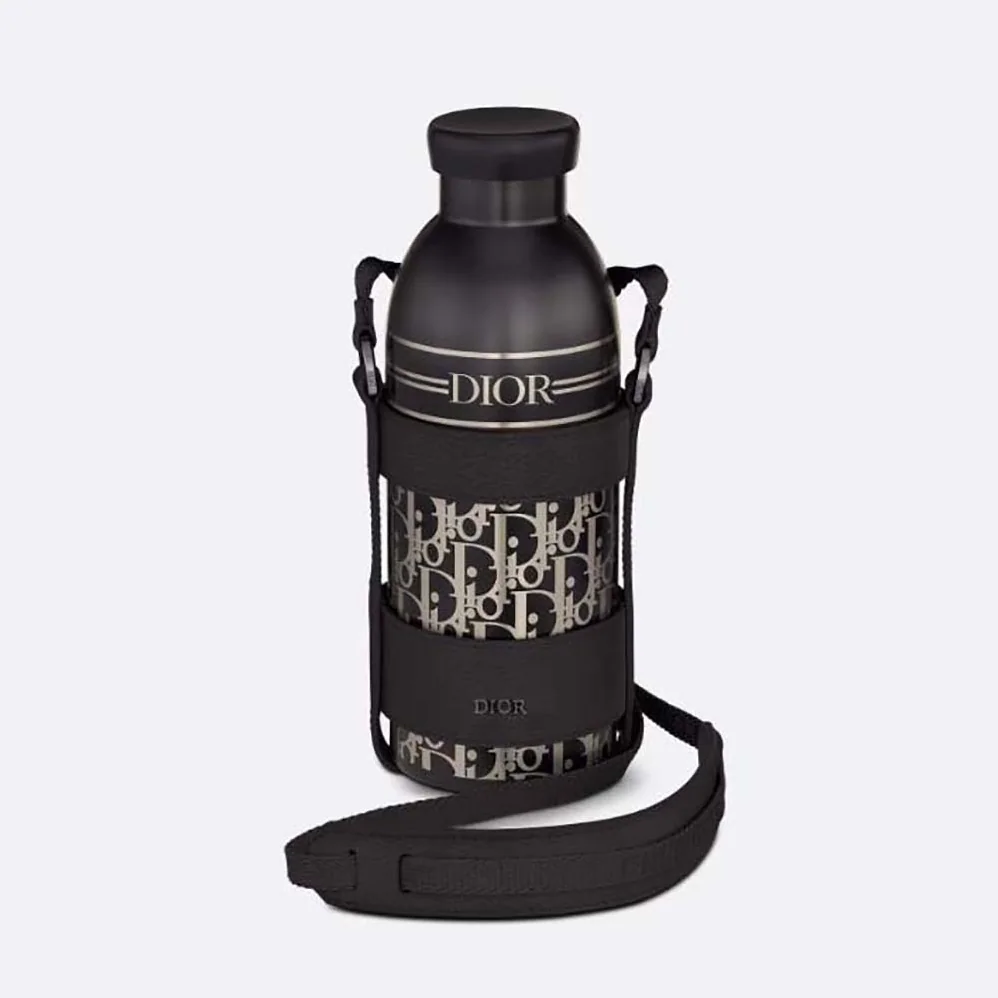 Dior Aqua Bottle with Shoulder Strap Black Grained Calfskin and Dior Oblique Stainless Steel for Unisex
