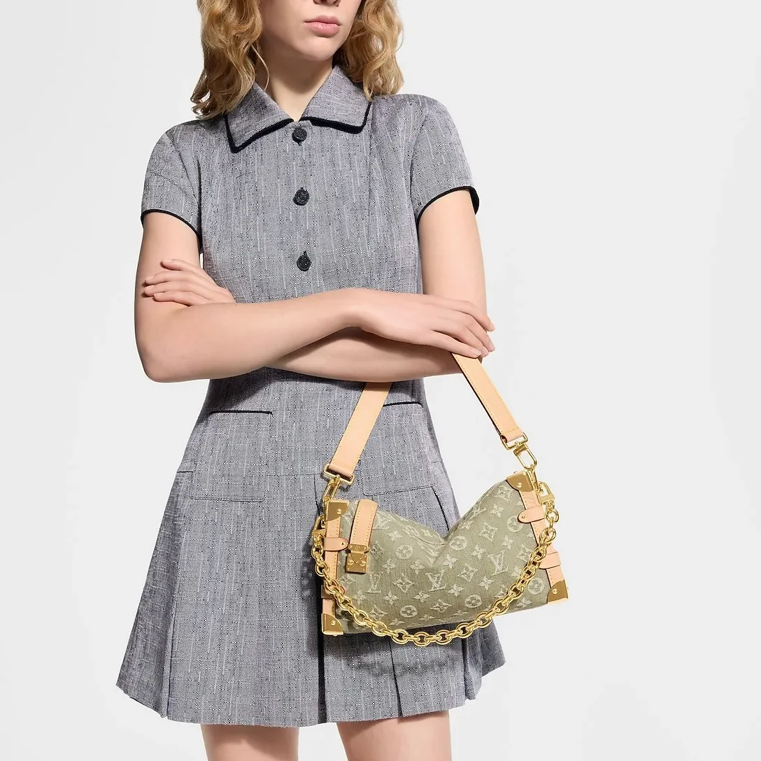 Louis Vuitton Side Trunk MM East West Shoulder Bag in Khaki Denim Gold Hardware