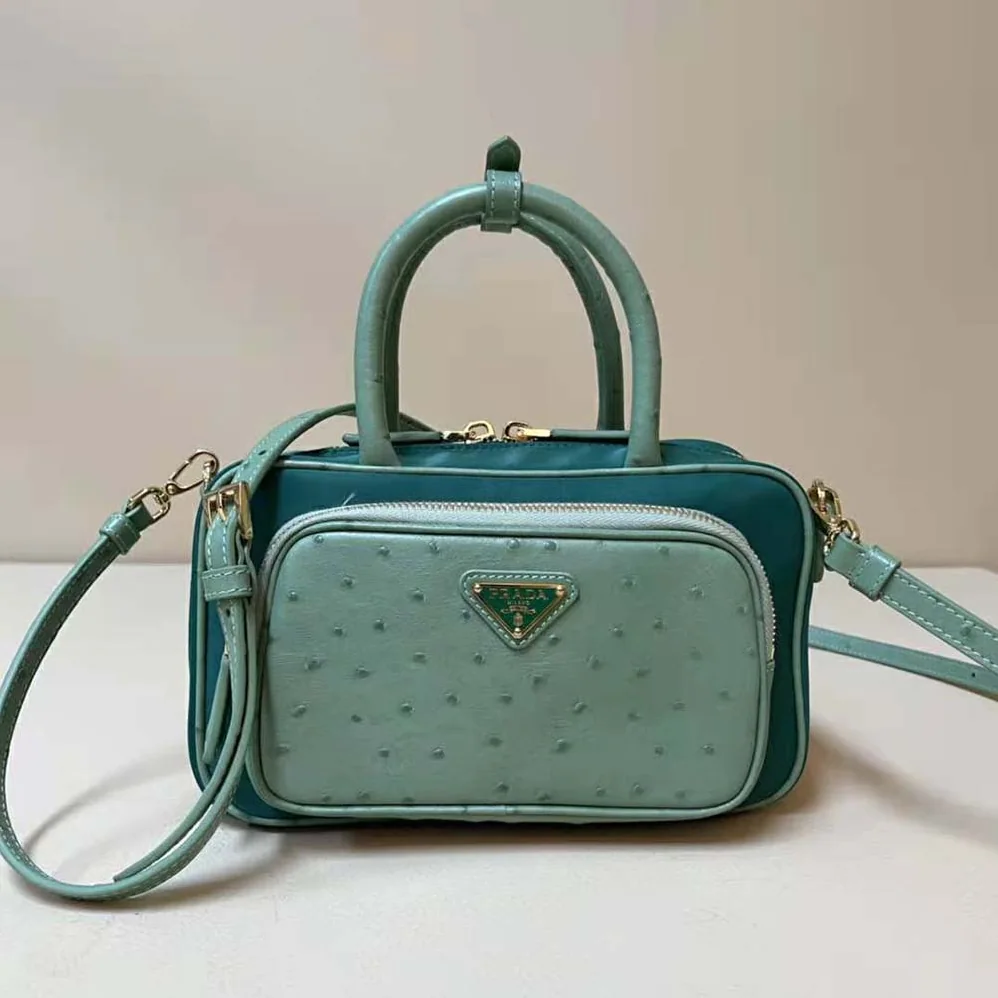Prada Re-Nylon and Ostrich Leather Two-handle Bag for Women in Green Prada Re-Nylon and Ostrich Leather Two-handle Bag for Women in Green