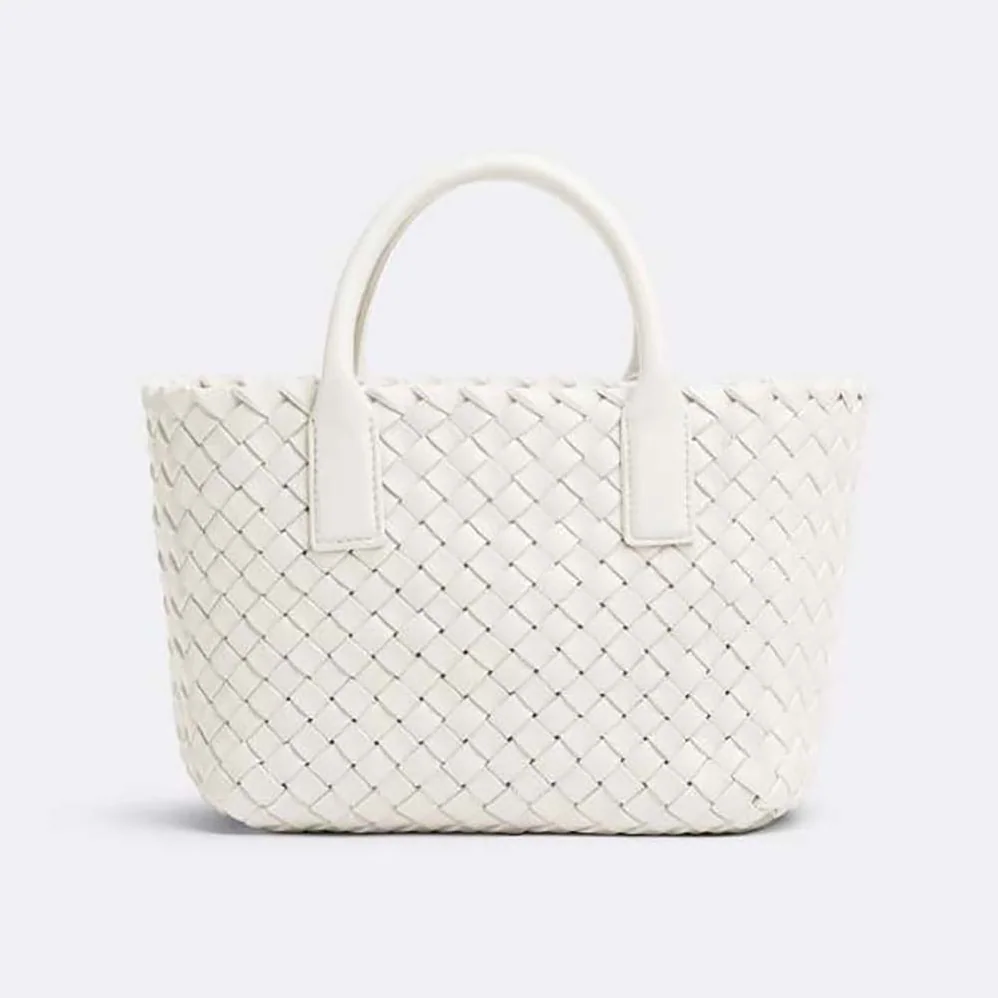 Bottega Veneta Mini Cabat Intreccio Leather Tote Bag with Detachable Strap for Women in White
