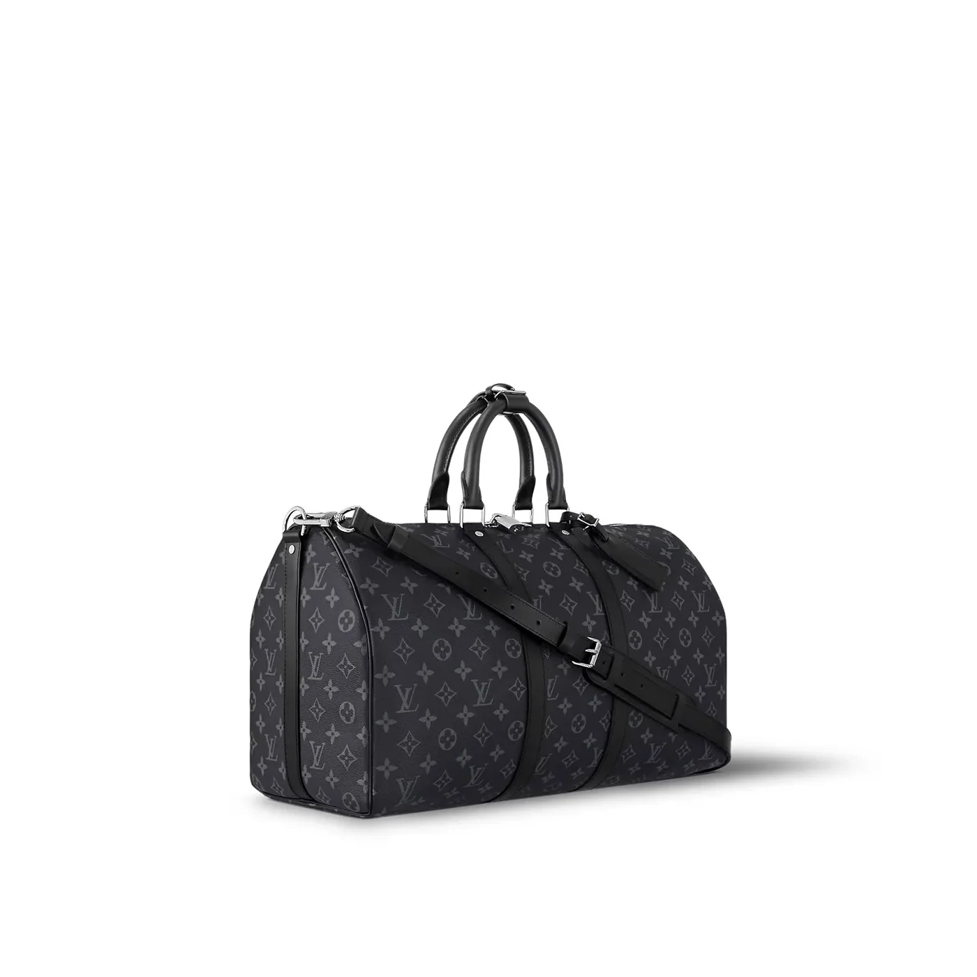 Louis Vuitton Keepall Bandouliere 45 Travel Bag / Black Monogram Eclipse Silver Hardware Louis Vuitton Keepall Bandouliere 45 Travel Bag / Black Monogram Eclipse Silver Hardware
