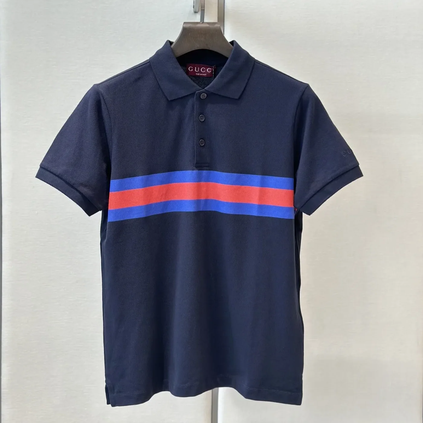 Gucci Web Stripe Pique Polo Shirt Navy Blue