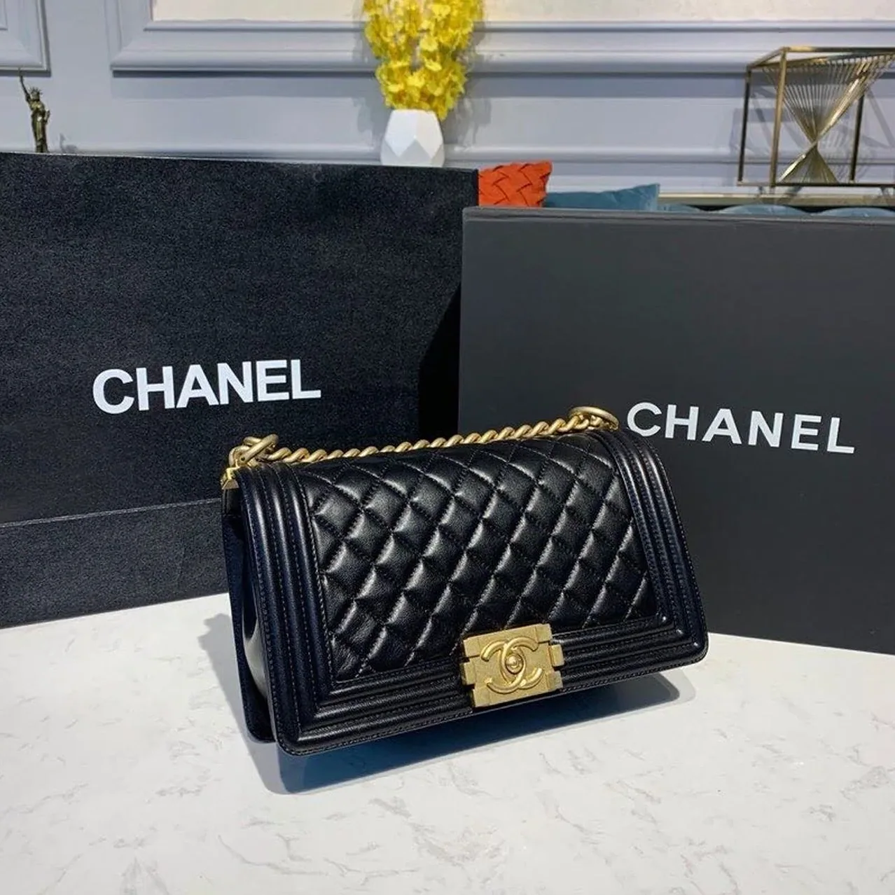 Chanel Boy Medium Crossbody Bag in Black Gold Hardware