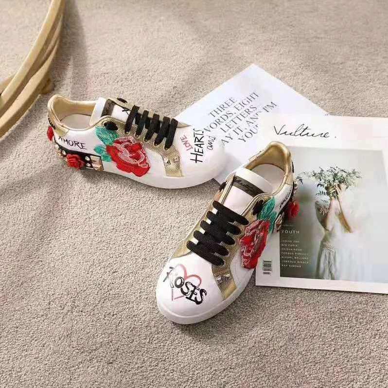 Dolce Gabbana D&G Sneakers in Printed Nappa Calfskin with Applications for Women in White