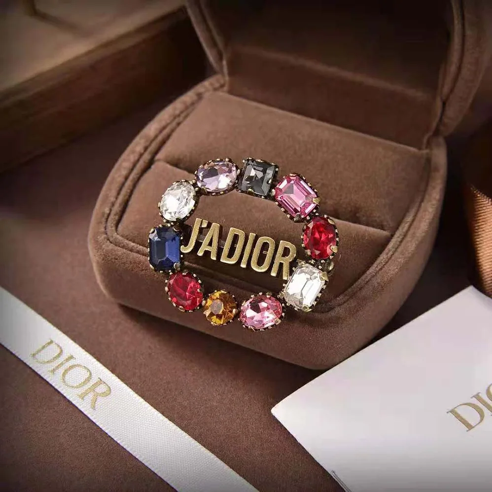 Dior J'Adior Brooch Antique Gold-Finish Metal and Multicolor Crystals for Women