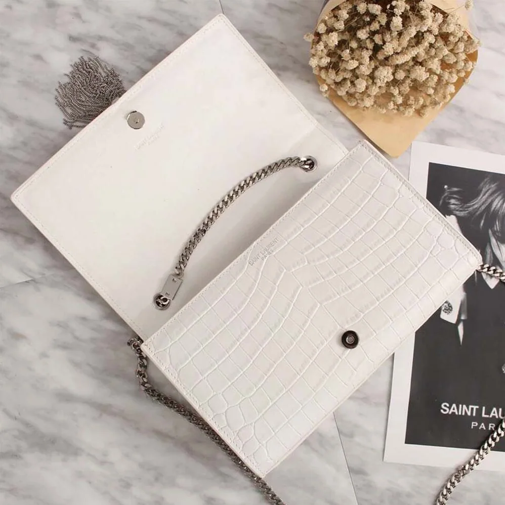 Saint Laurent YSL Kate Small Tassel Embossed Crocodile Shiny Calfskin for Women in White Saint Laurent YSL Kate Small Tassel Embossed Crocodile Shiny Calfskin for Women in White