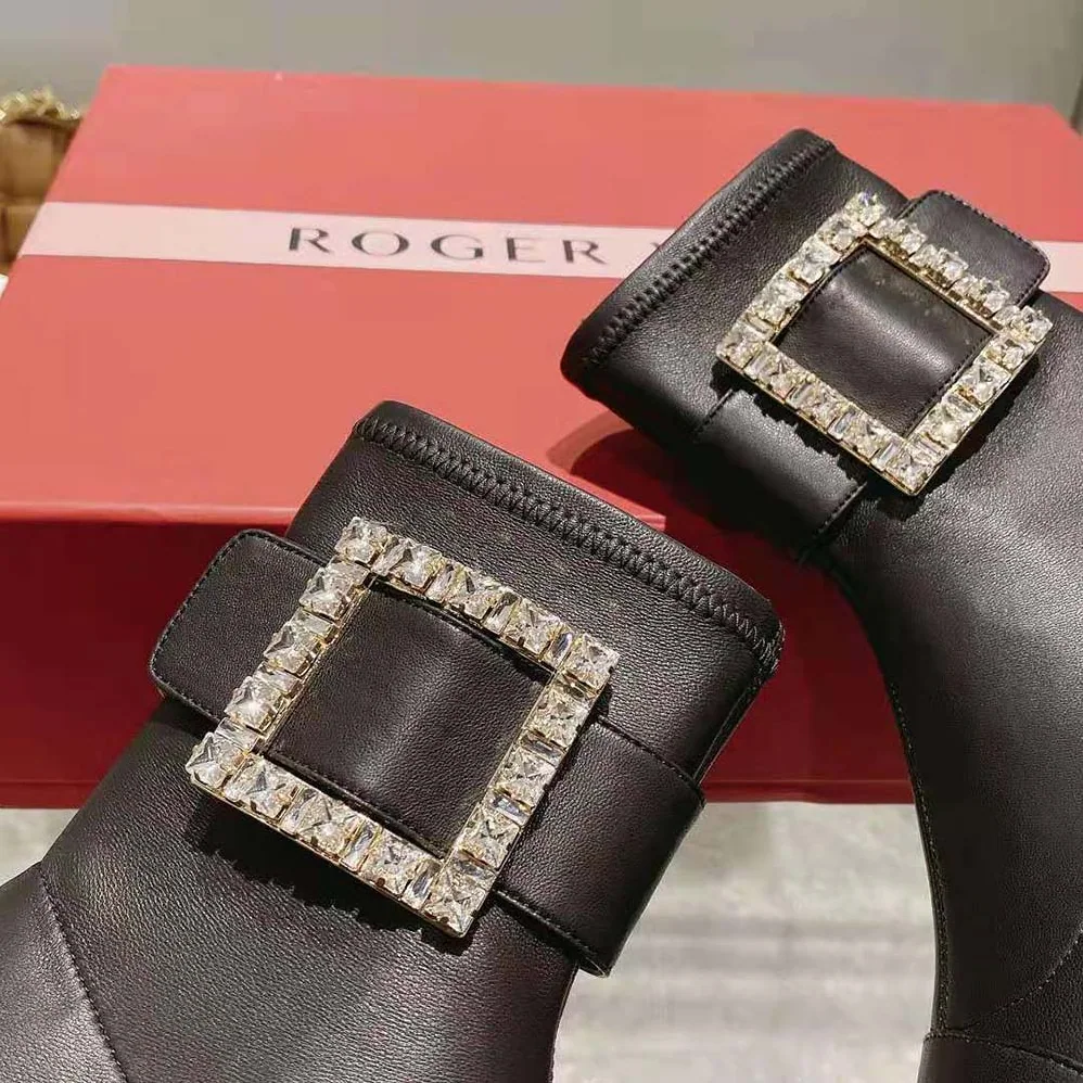 Roger Vivier Viv' Go-Thick Rhinestone Buckle Stretch Ankle Boots in Soft Leather for Women Roger Vivier Viv' Go-Thick Rhinestone Buckle Stretch Ankle Boots in Soft Leather for Women