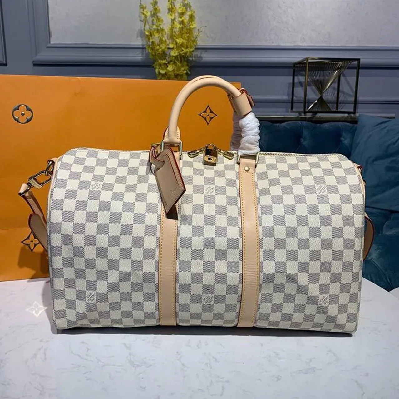 Louis Vuitton Keepall Bandouliere 45 Travel Bag in Damier Azur Gold Hardware Louis Vuitton Keepall Bandouliere 45 Travel Bag in Damier Azur Gold Hardware