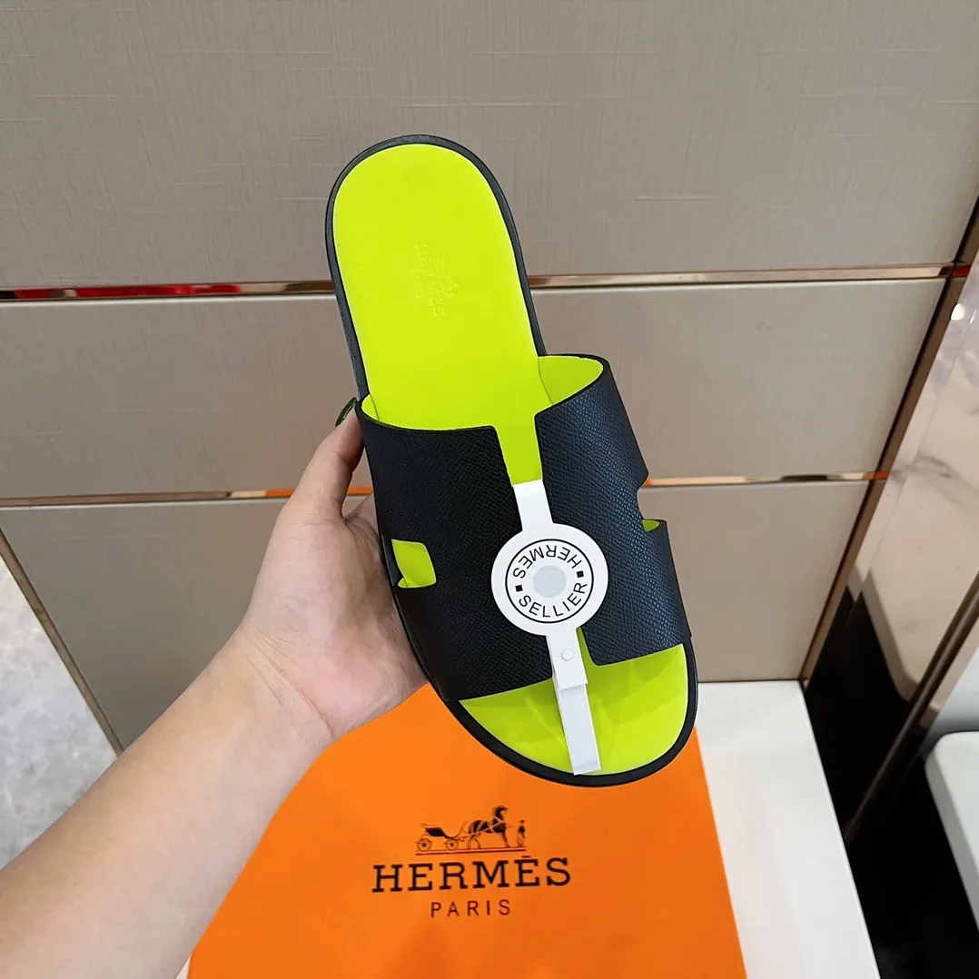 Hermes Izmir Sandals Black in Fluorescent Yellow