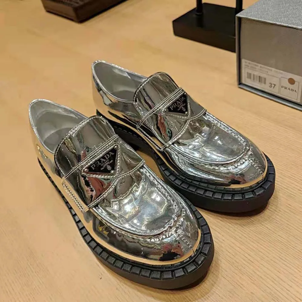 Prada Metallic Leather Loafers for Women in Silver Prada Metallic Leather Loafers for Women in Silver
