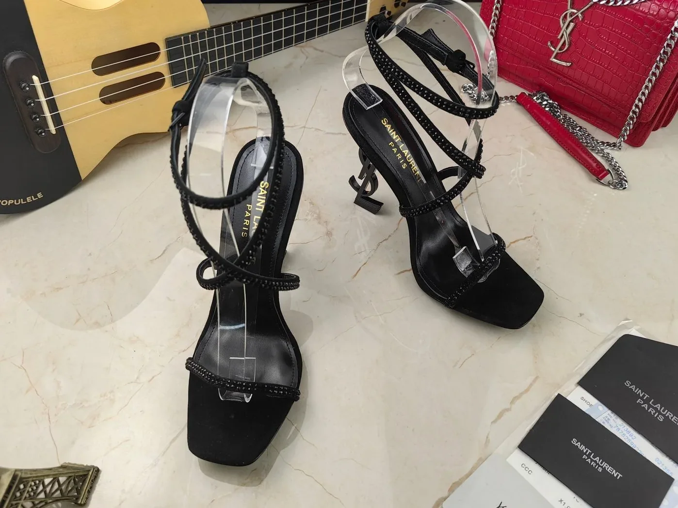 Saint Laurent Opyum Sandals In Crepe Satin And Rhinestones Black Saint Laurent Opyum Sandals In Crepe Satin And Rhinestones Black
