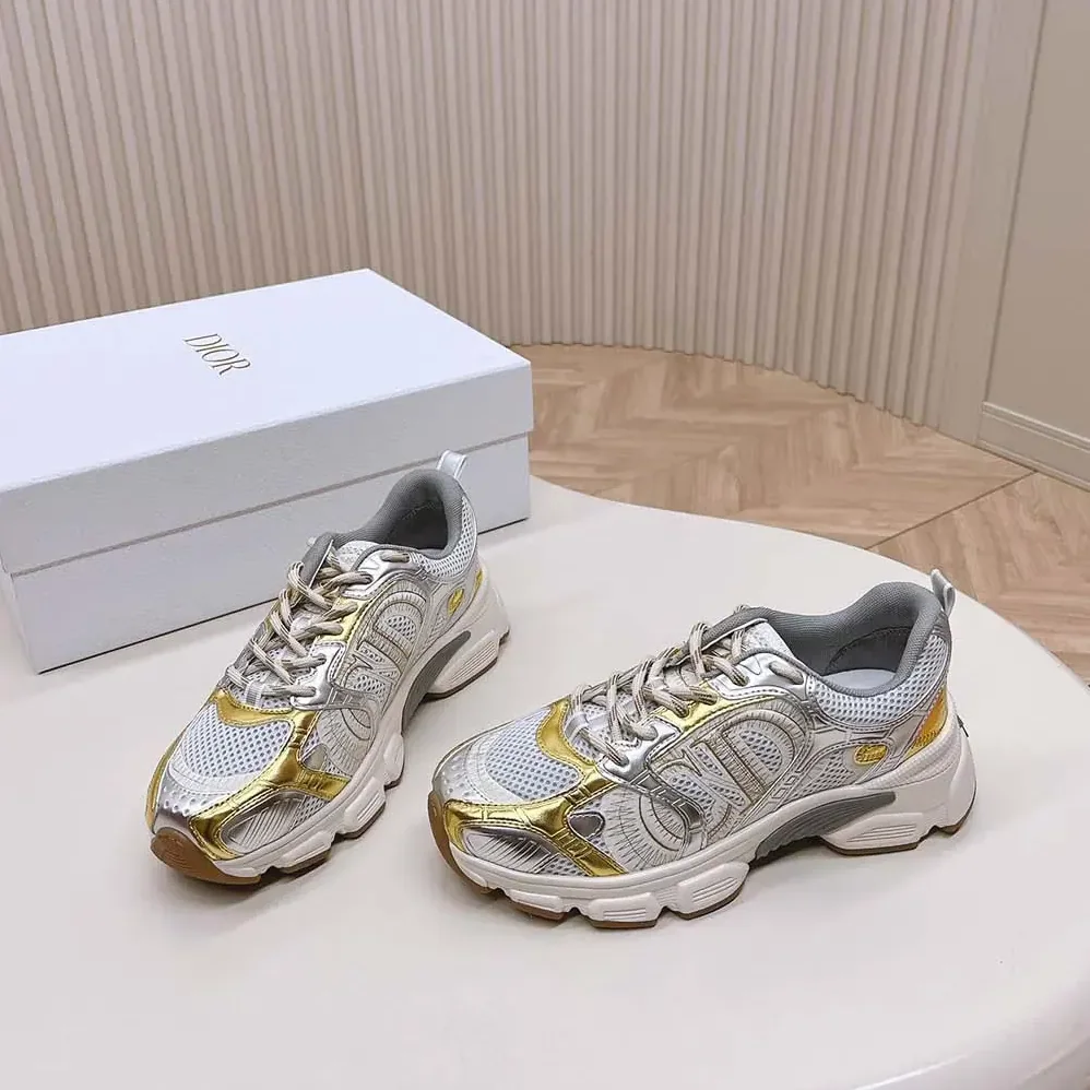 Dior Chrono Sneaker Beige Mesh with Gold-Tone and Silver-Tone Laminated Leather for Women in Effect Panels
