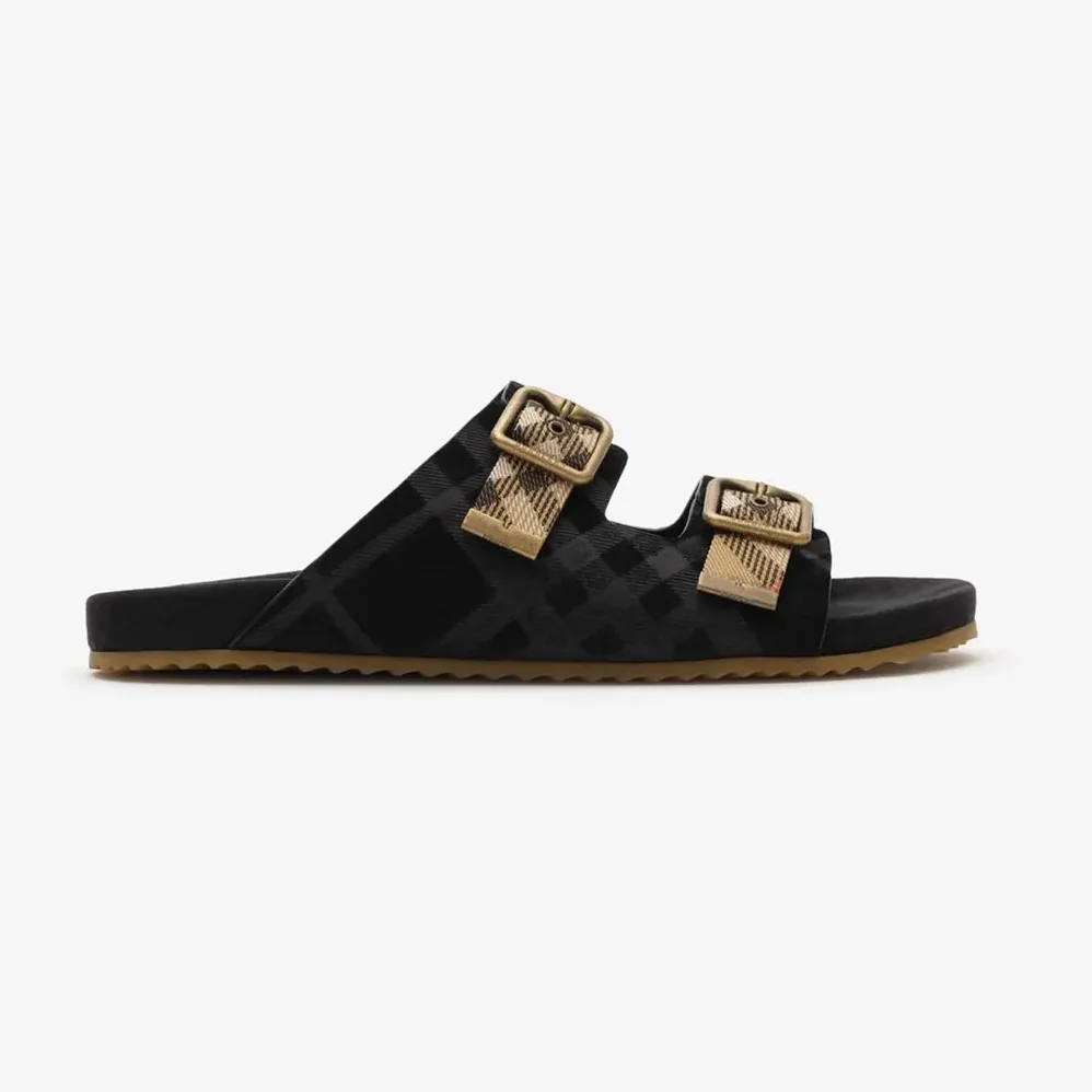 Burberry Check Suede Urchin Sandals for Unisex in Black Burberry Check Suede Urchin Sandals for Unisex in Black