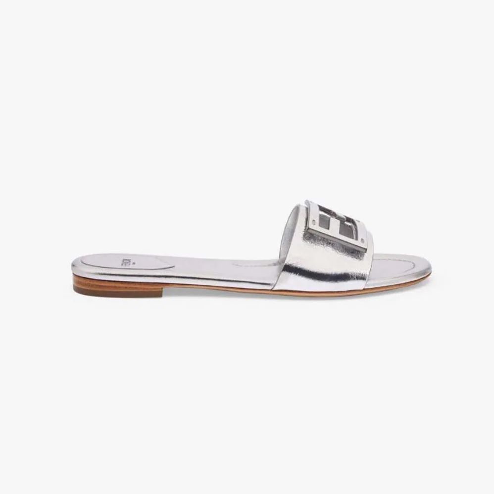 Fendi Baguette Silver Nappa Leather Slides for Women Fendi Baguette Silver Nappa Leather Slides for Women